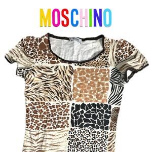 Moschino Multi Animal Print Cotton Tee with Black Lace Trim - Sz XS